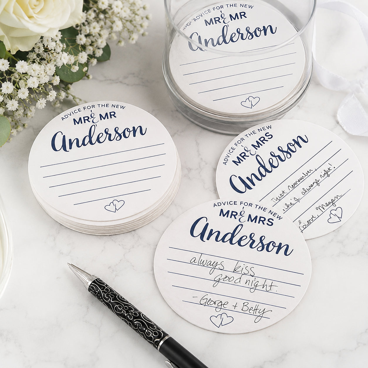 100 Personalized Wedding Advice Cards – 4" Round Guest Advice Cards for Bride & Groom Reception