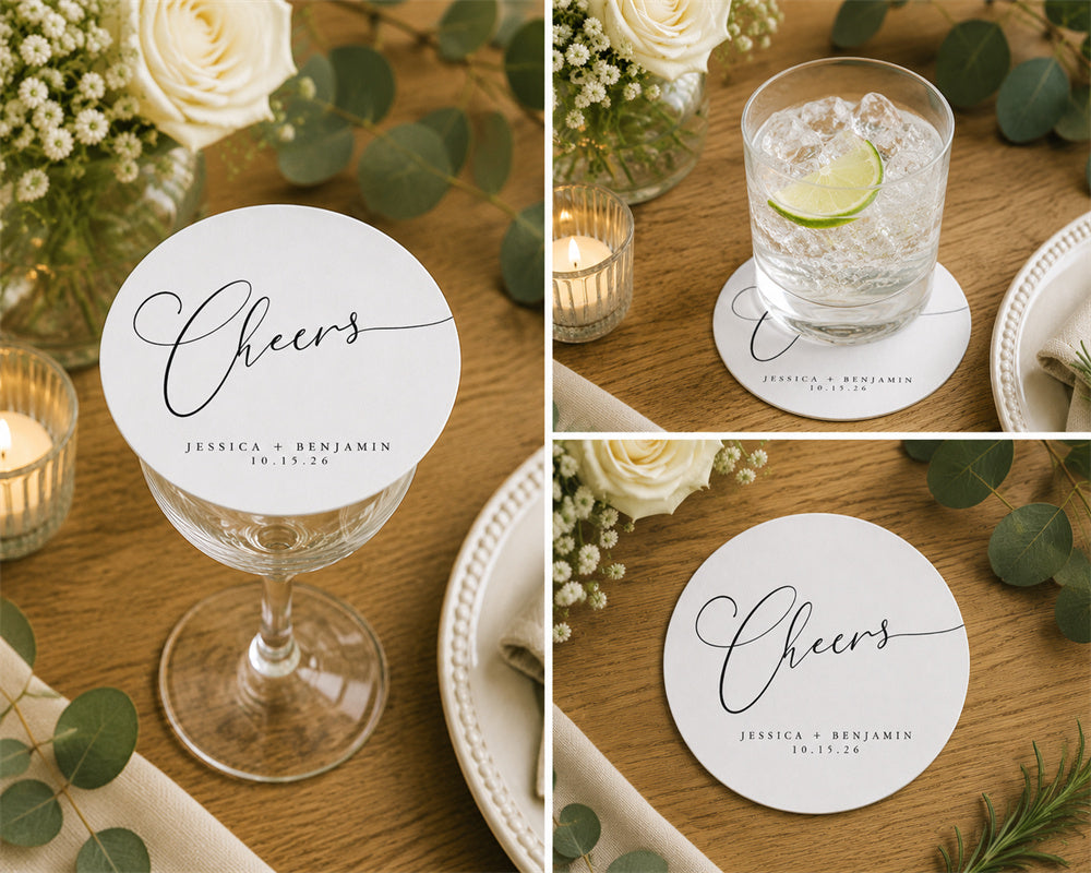 100pcs Custom Cheers Wedding Paper Coasters, Personalized Cocktail Drink Coasters, 4-inch Round