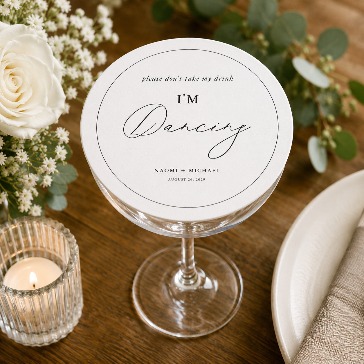 100pcs Personalized "I'm Dancing" Wedding Paper Coasters, Custom Drink Coasters, 4-inch Round, White & Black