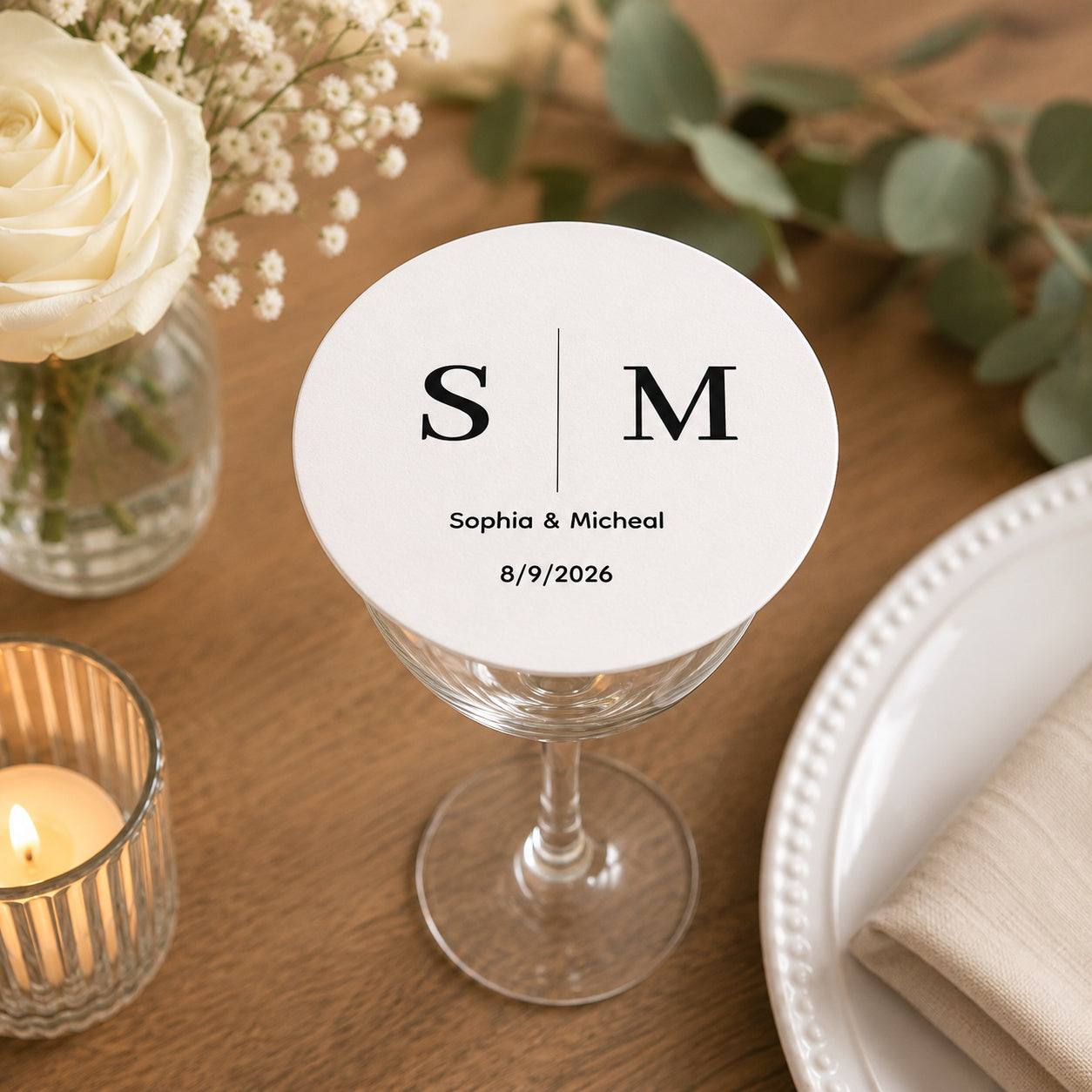 100pcs Personalized Initial Wedding Paper Coasters, Modern Monogram Drink Coasters, 4-inch Round
