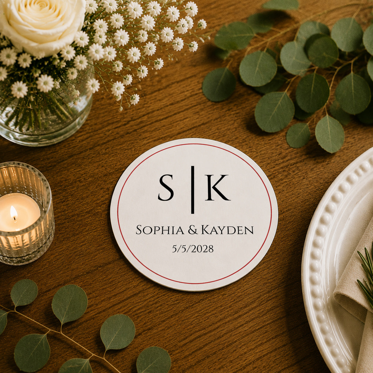 100pcs Personalized Monogram Wedding Paper Coasters, Custom Initial Drink Coasters, 4-inch Round