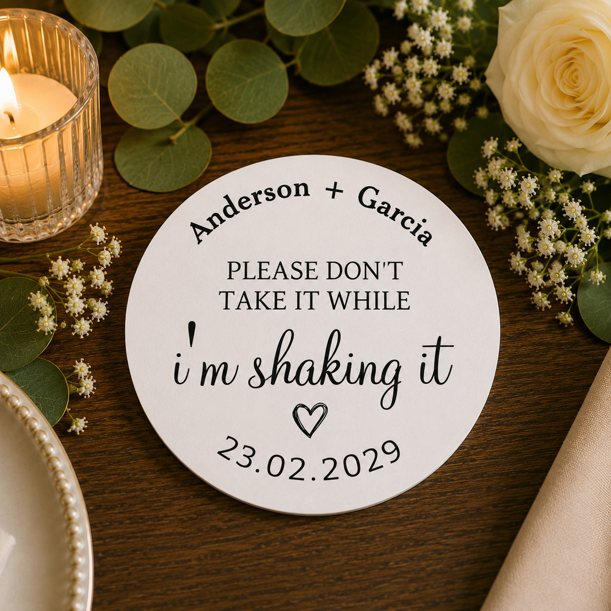 100pcs Personalized "Please Don't Take It While I'm Shaking It" Wedding Paper Coasters, Custom Cocktail Drink Coasters