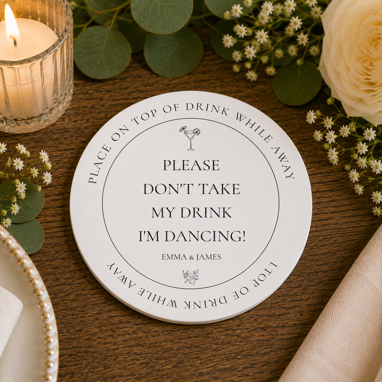 100pcs Personalized "Please Don't Take My Drink, I'm Dancing" Drink Cover Paper Coasters, Custom Wedding Cup Covers