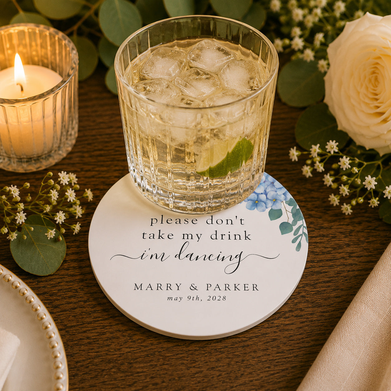 100pcs Personalized Floral "Please Don't Take My Drink, I'm Dancing" Wedding Paper Coasters