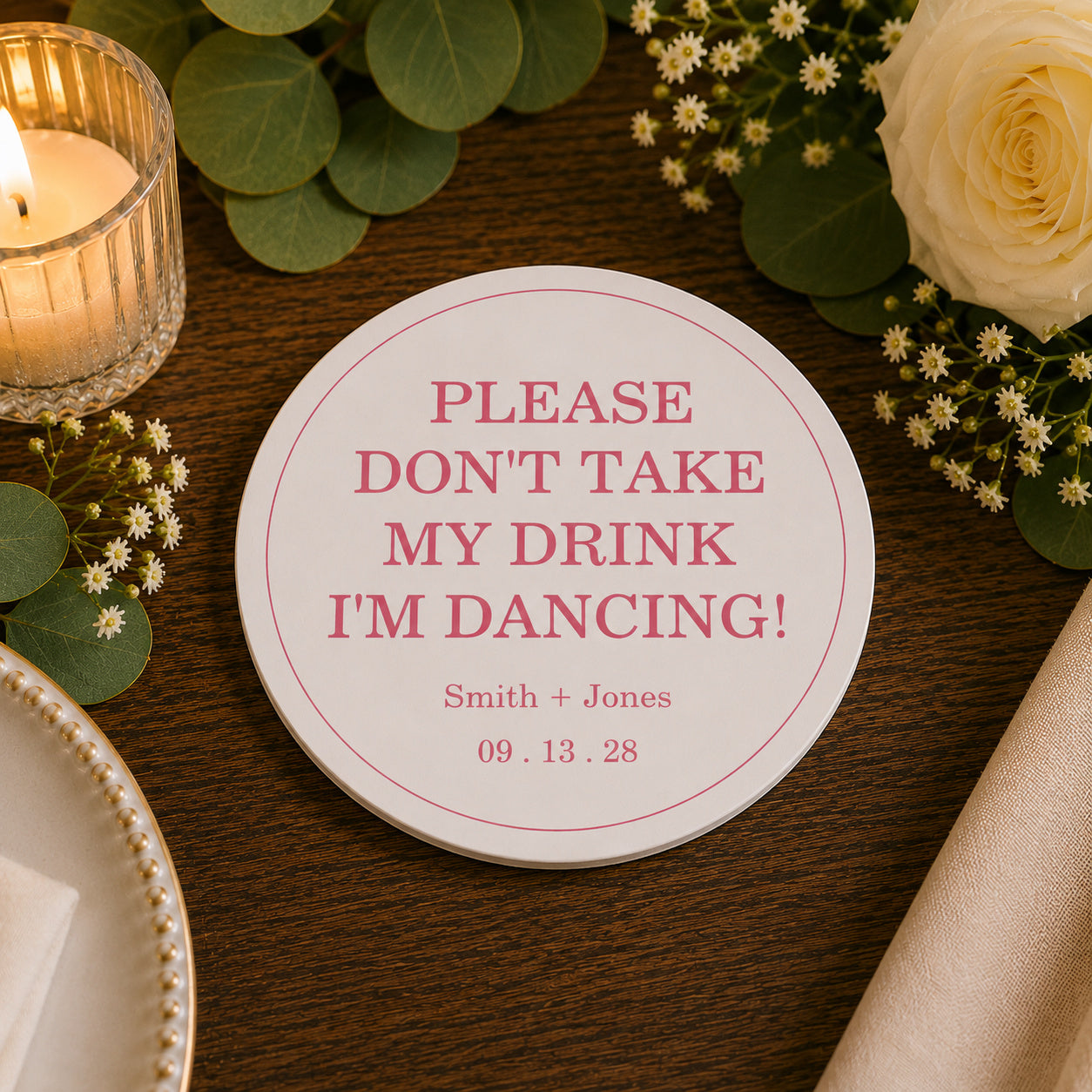 100pcs Personalized "Please Don't Take My Drink, I'm Dancing" Wedding Paper Coasters, Bold Custom Drink Coasters