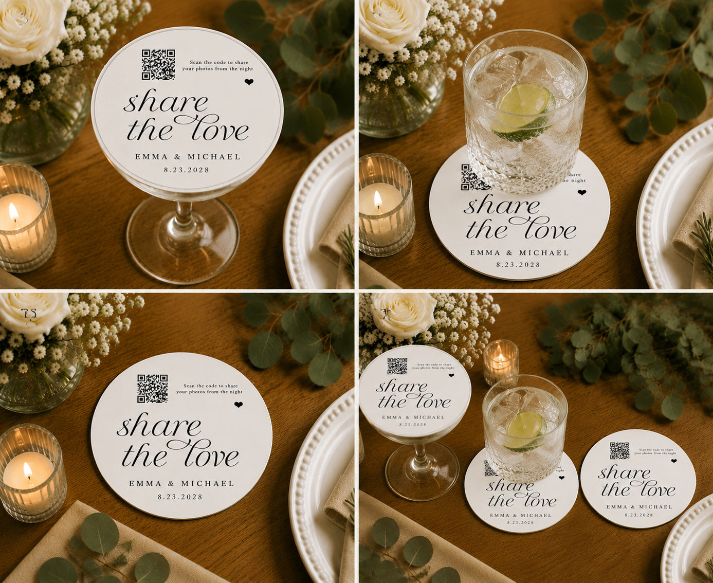100pcs Personalized Share the Love QR Code Wedding Paper Coasters, Custom Photo Sharing Drink Coasters, 4-inch Round