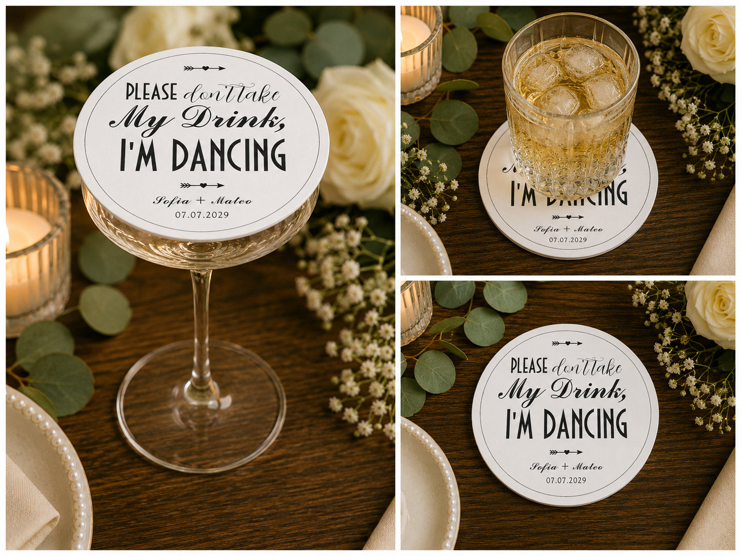 100pcs Personalized Vintage "Please Don't Take My Drink, I'm Dancing" Wedding Paper Coasters