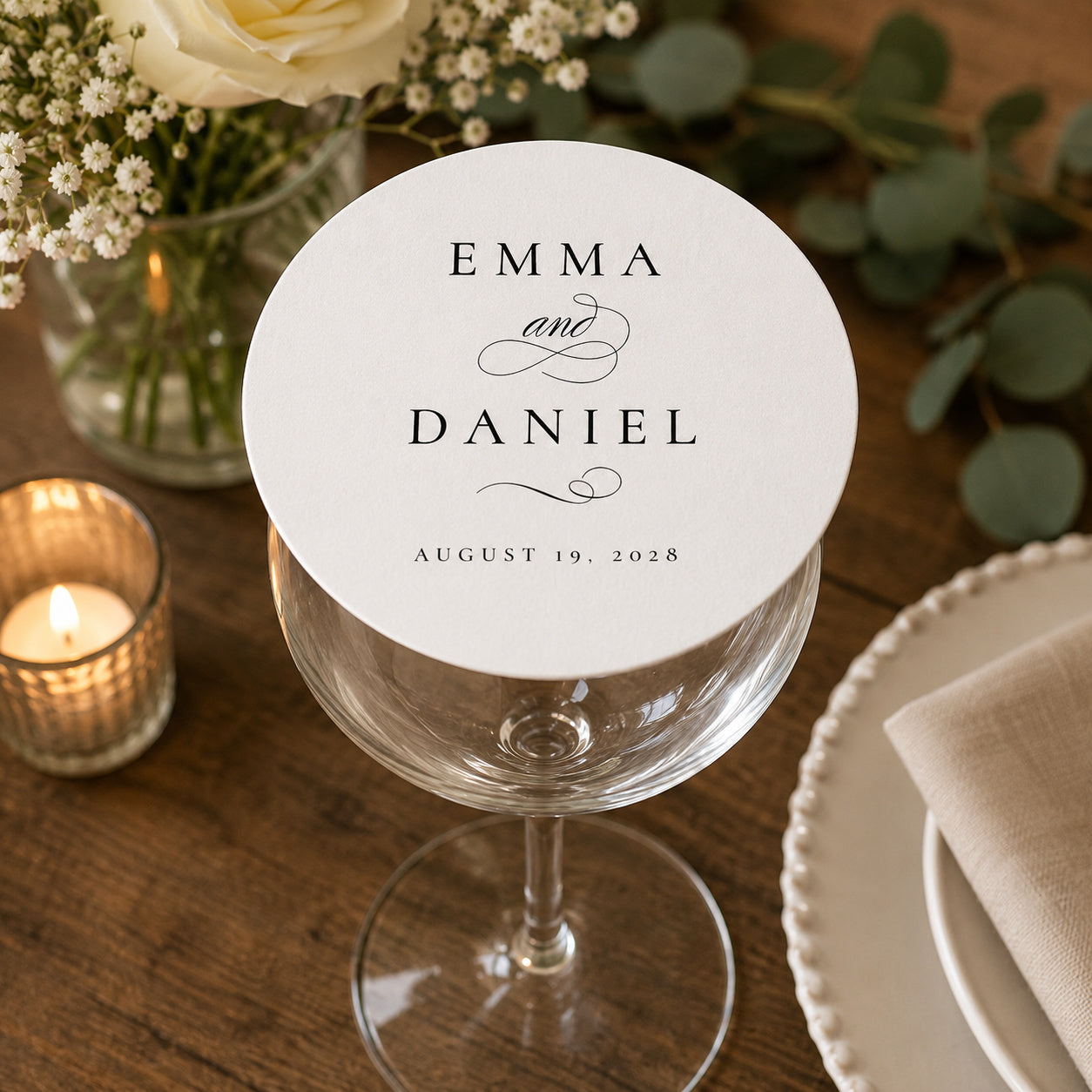 100pcs Personalized Wedding Name Paper Coasters, Custom Drink Coasters with Names & Date