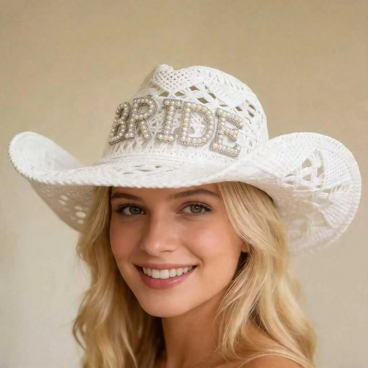 Women's Faux Pearl Hollow Woven Bridal Felt Cowboy Hat for Weddings