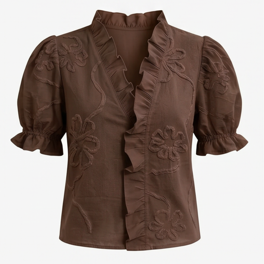 Belvera™ Romantic Ruffled V-Neck Blouse with Puff Sleeves