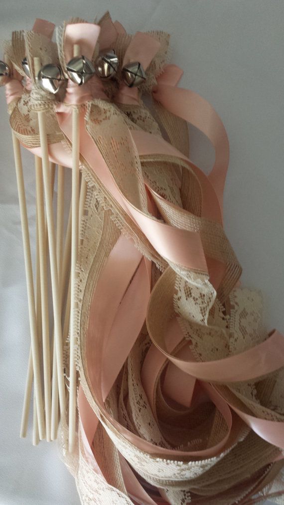 Rustic Blush Pink Burlap Lace Wedding Ribbon Wands with Silver Bells