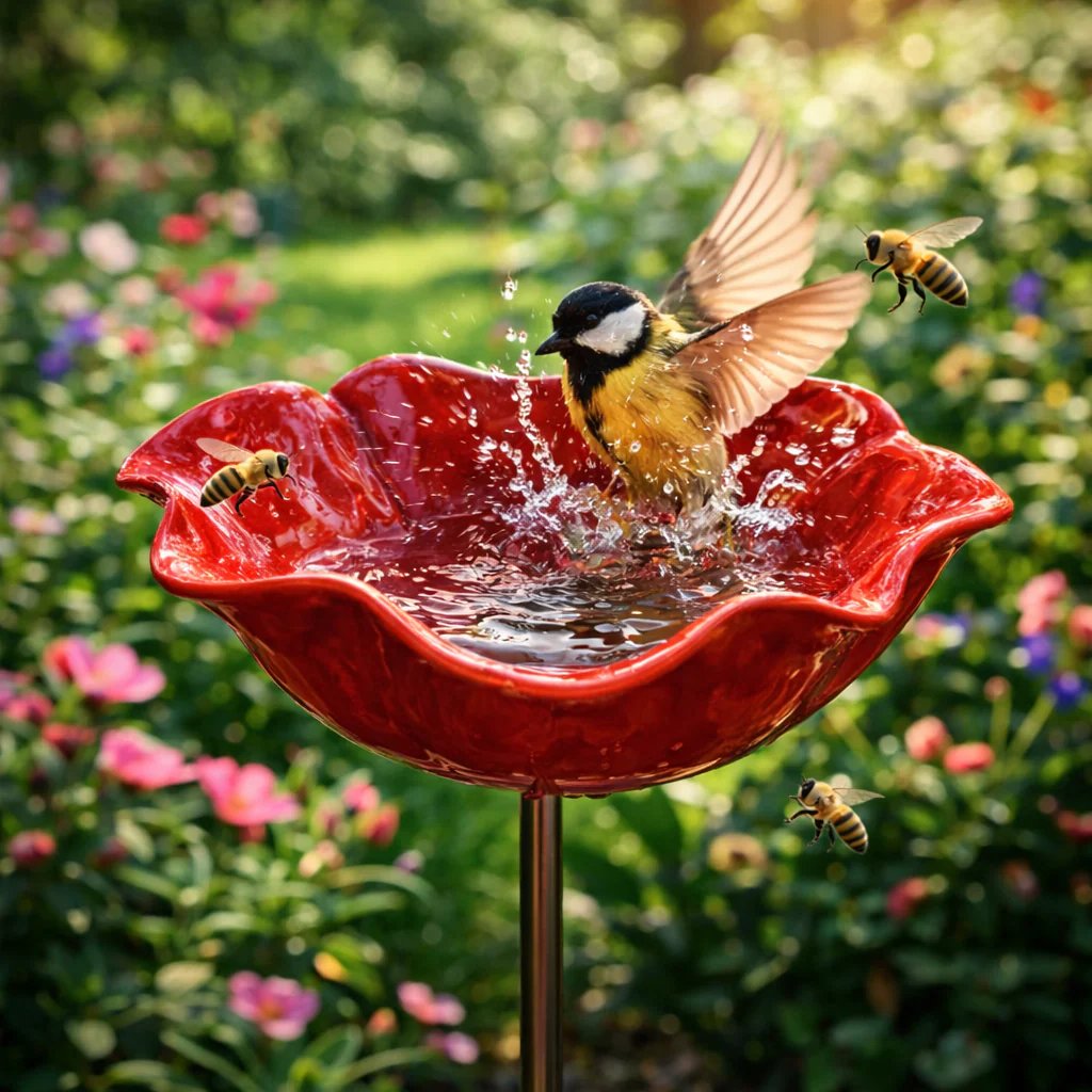 Briarcroft – Handcrafted Metal Poppy Garden Stake with Bird Bath Bowl + 50% OFF