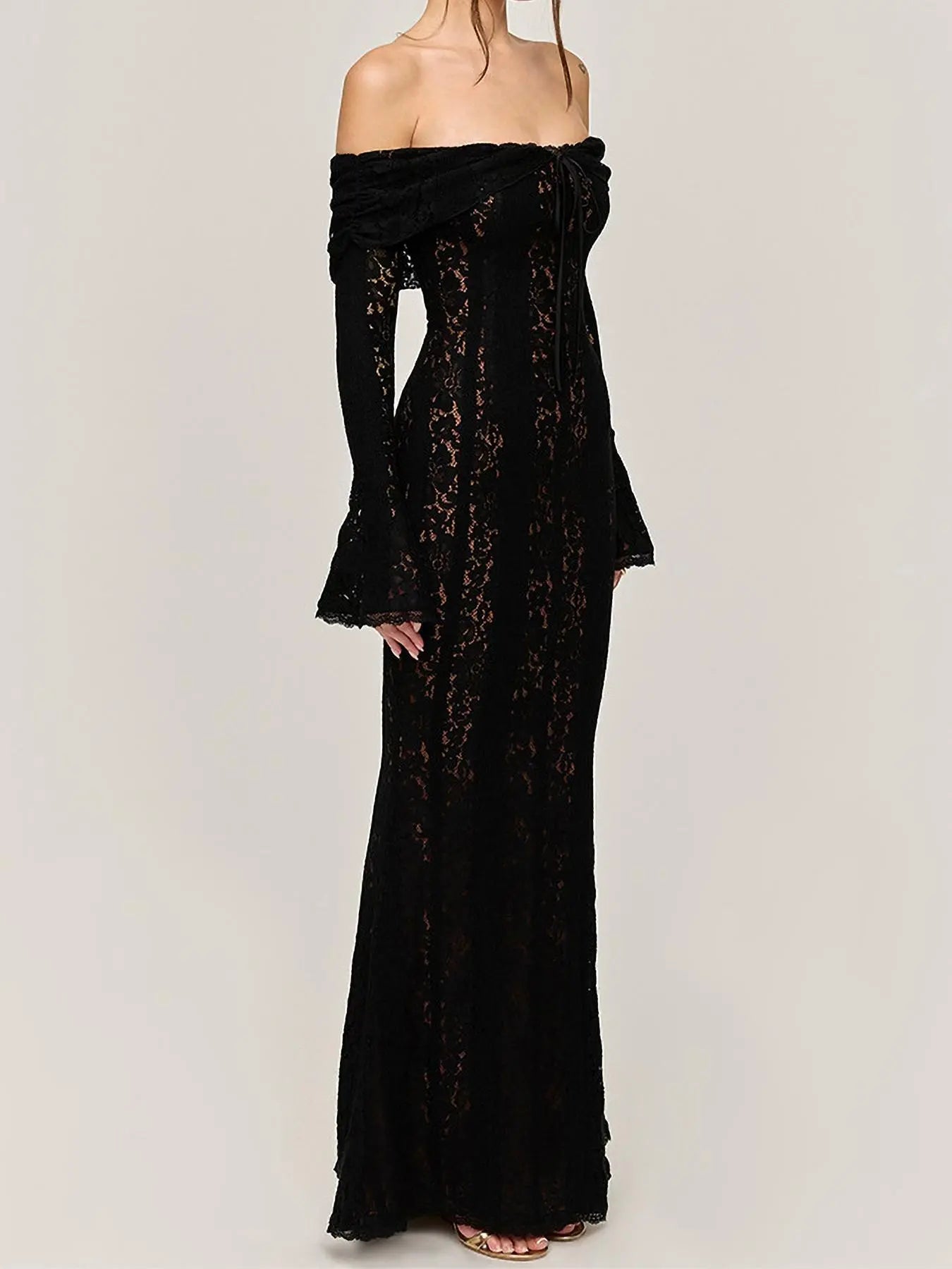 Women's Plain Contrast Lace Off Shoulder Dress, Elegant Formal Style Chic Long Sleeve Dress for Party Holiday Wedding Guest Formal Wear
