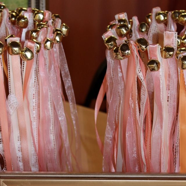 Romantic Blush Pink Lace Wedding Ribbon Wands with Gold Bells