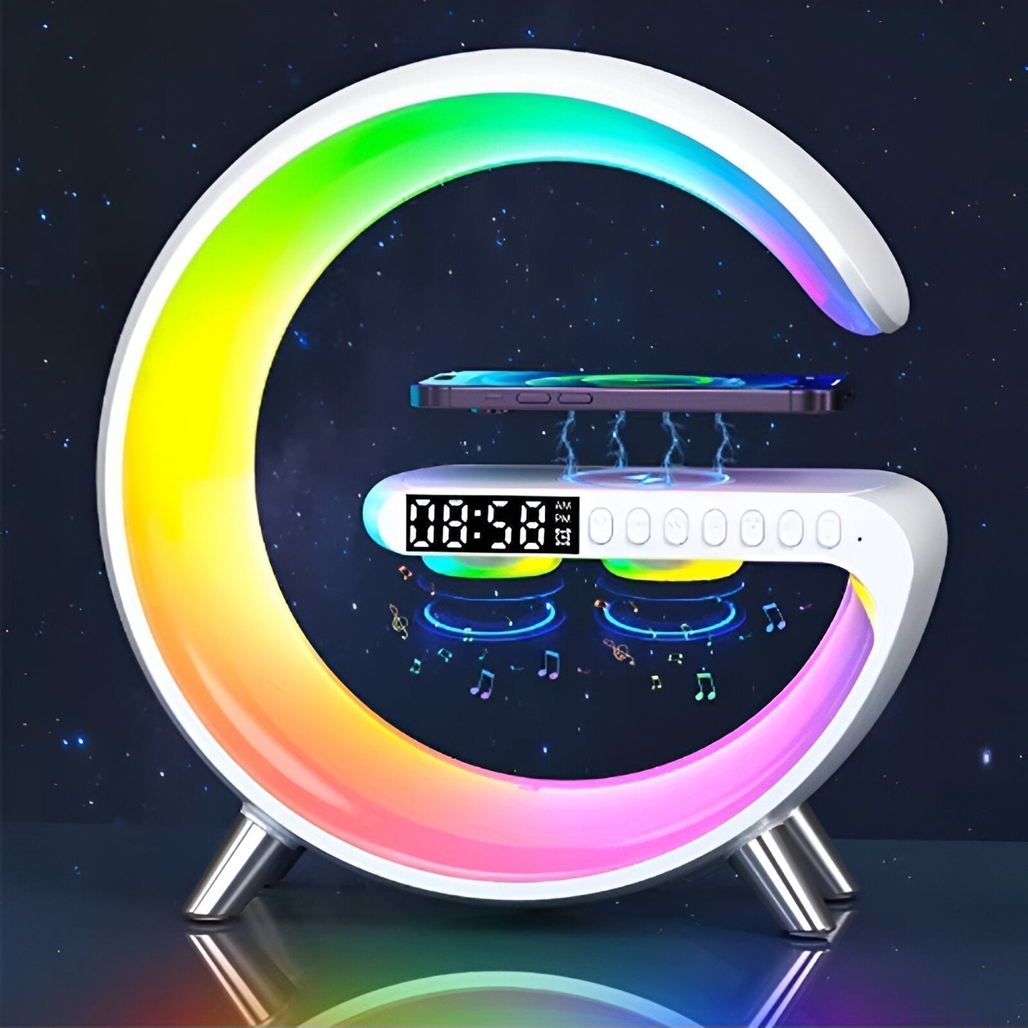 G-Shaped Nightstand Lamp with Clock and Wireless Charging Feature