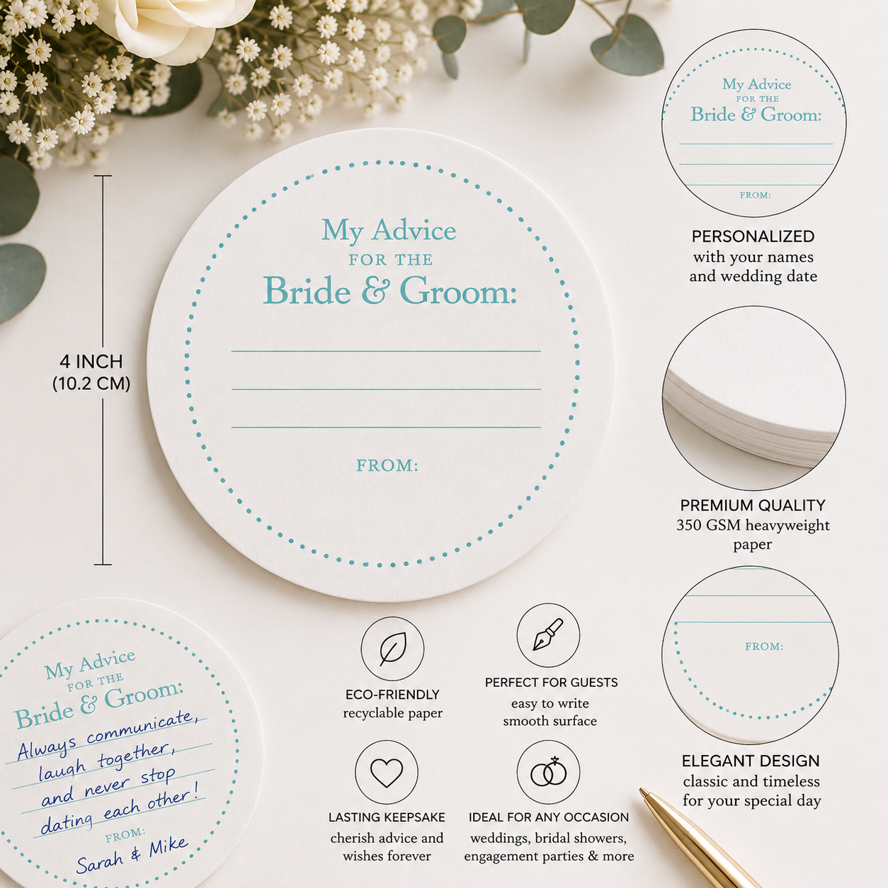 My Advice for the Bride & Groom Cards | 4" Round Wedding Advice Cards