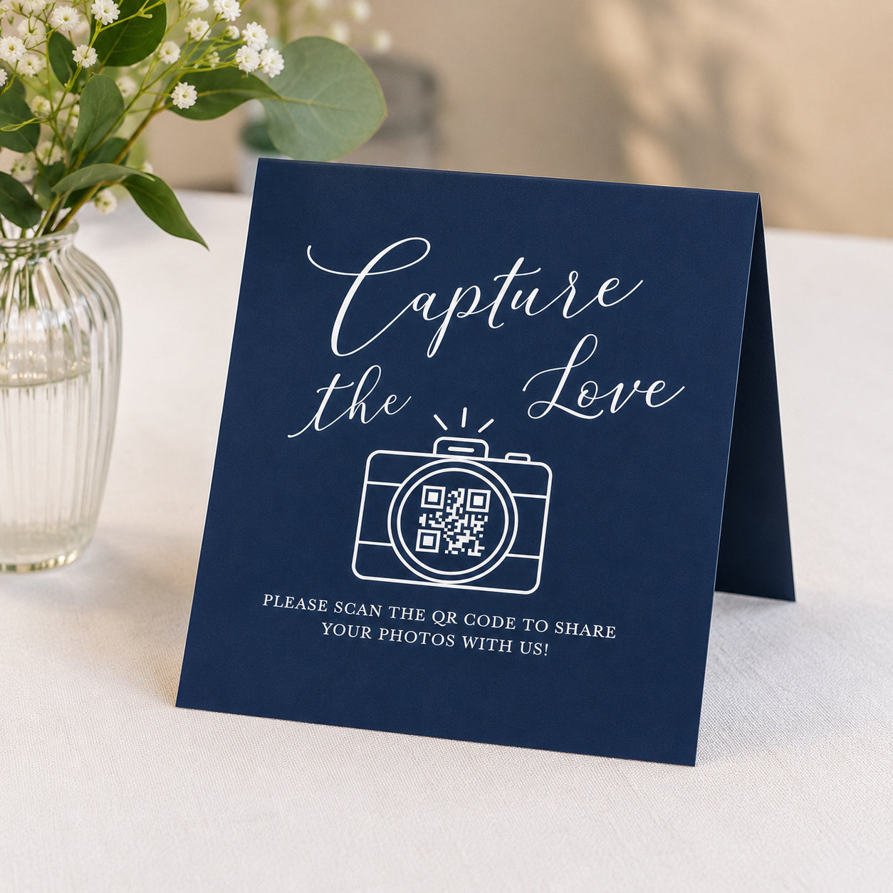 Personalized Capture the Love QR Code Table Signs | Folded Wedding QR Code Table Tent Signs, 4" × 6"