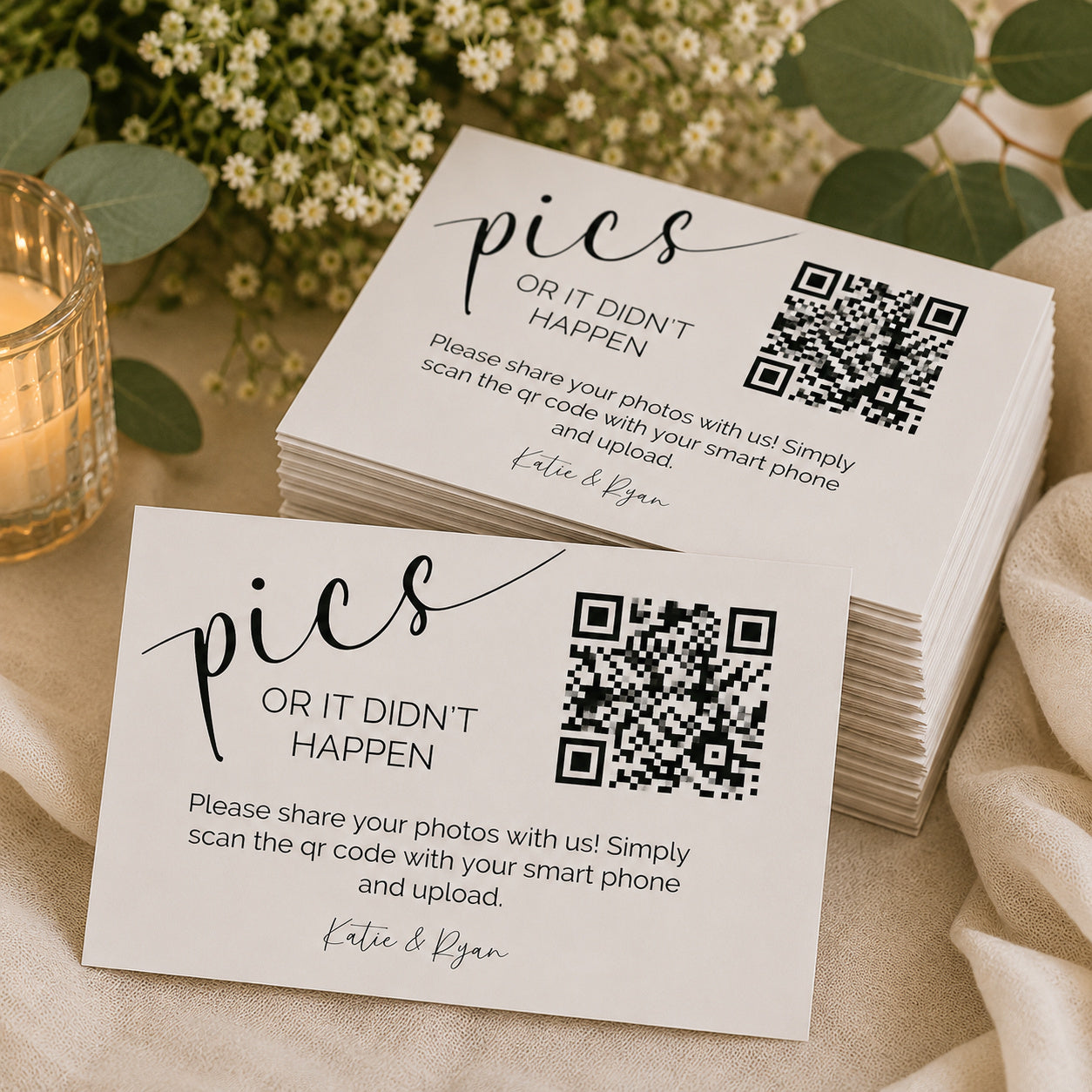 100 "Pics or It Didn't Happen" QR Code Cards | Personalized Wedding Photo Sharing Cards