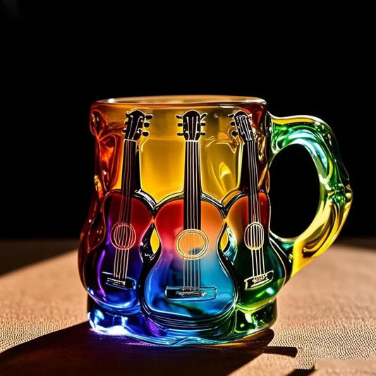 Colorful mug with guitar design on a dark background
