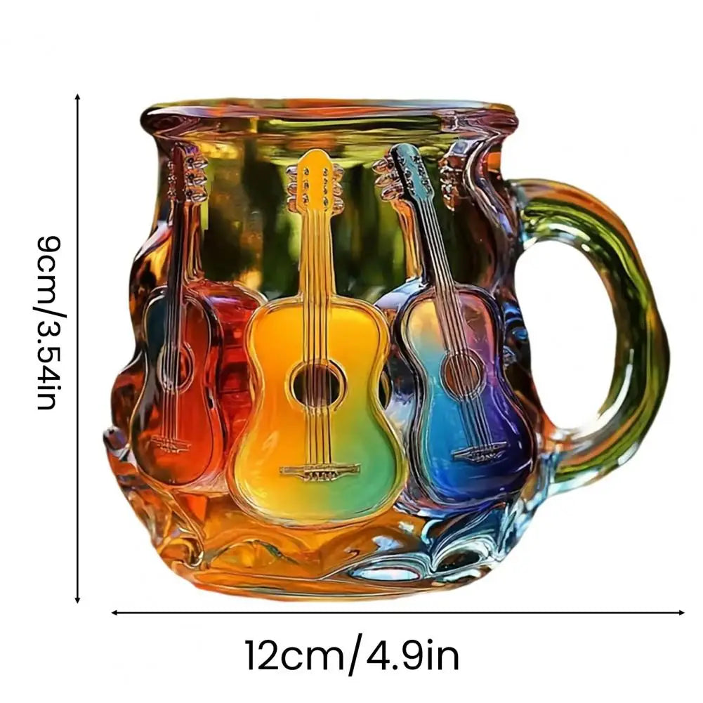Colorful glass mug with guitar design and dimensions on a white background