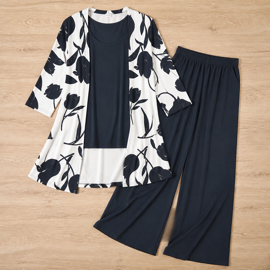 AuraLuxe™ – Elegant Floral Cardigan & Wide-Leg Pant 3-Piece Set