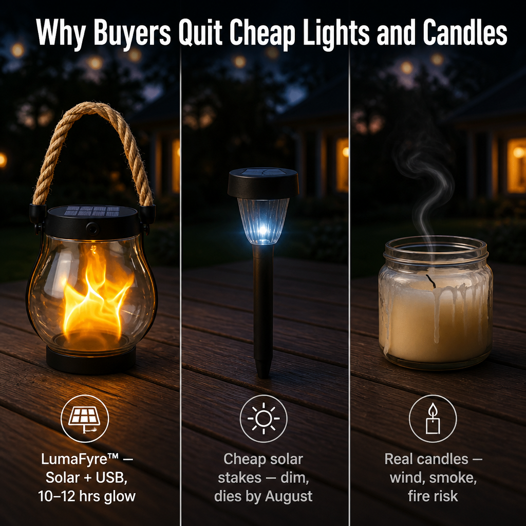 LumaFyre™ — Light Your Patio All Night on Solar, No Wires or Wax