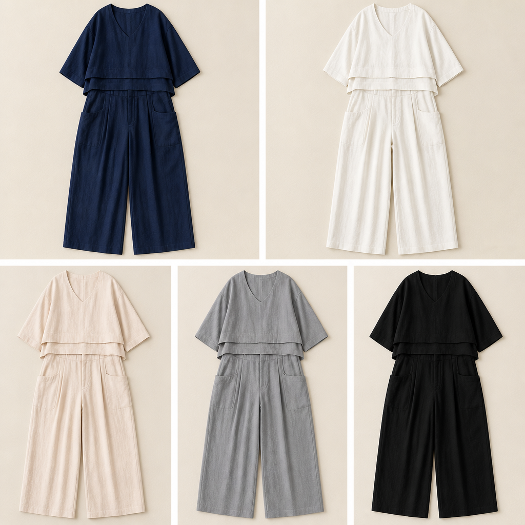 LioraLuxe™ – Relaxed Layered V-Neck Top & Wide-Leg Pant Set