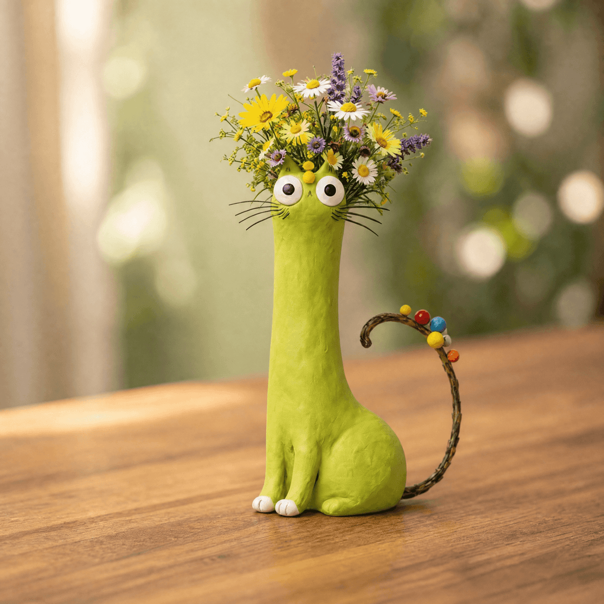 Felina – Handmade Ceramic Cat Flower Vase Green Googly Eyes