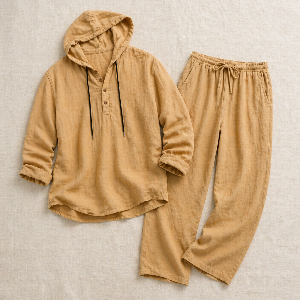 Drakescape™ – Relaxed Hooded Linen Henley Top & Pants Set