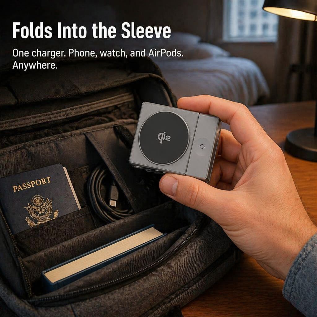 ChargeFlow™ — Snap Your iPhone, Watch & Headsets Onto One Foldable Qi2 Stand