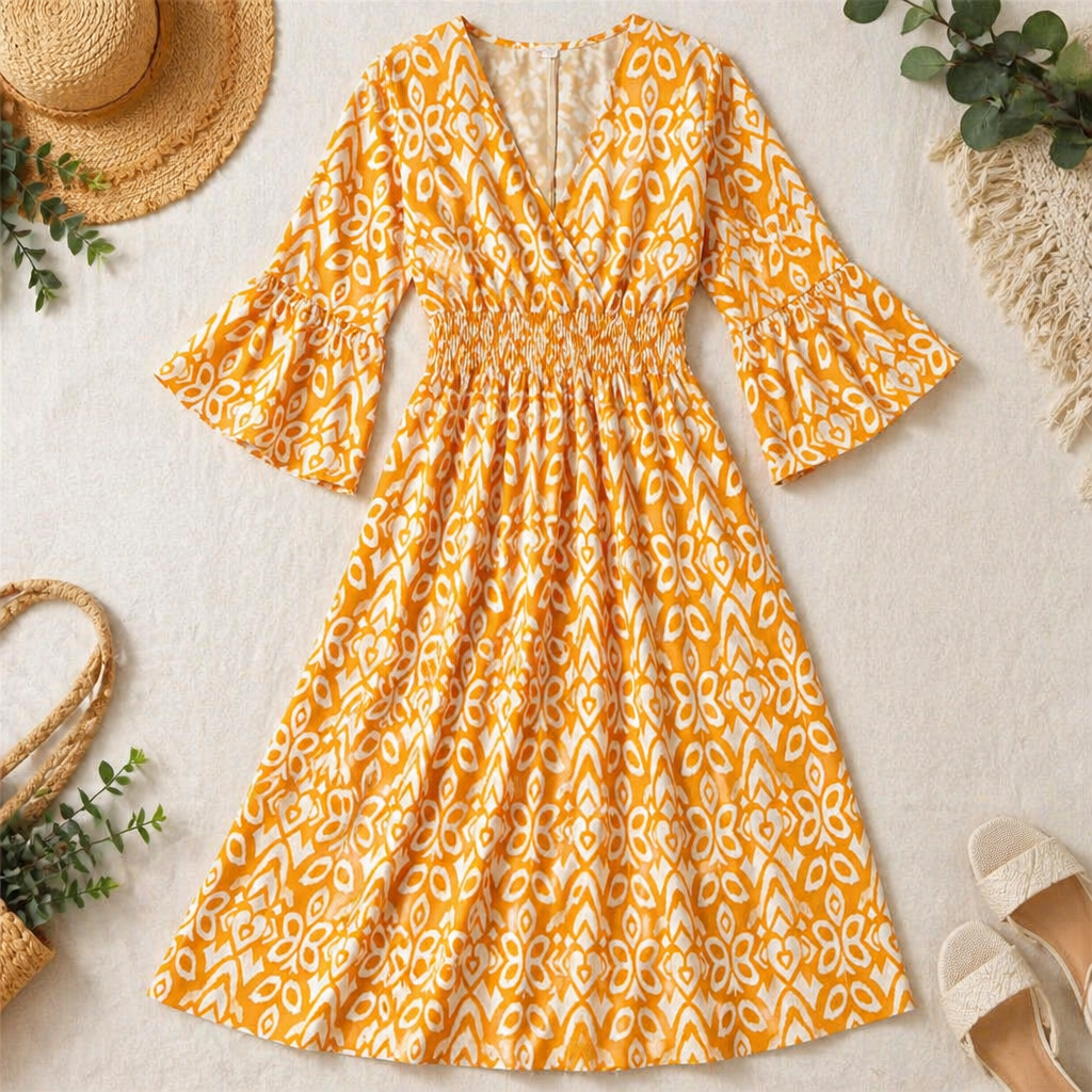 Majestella™ – Flowy V-Neck Smocked-Waist Midi Dress