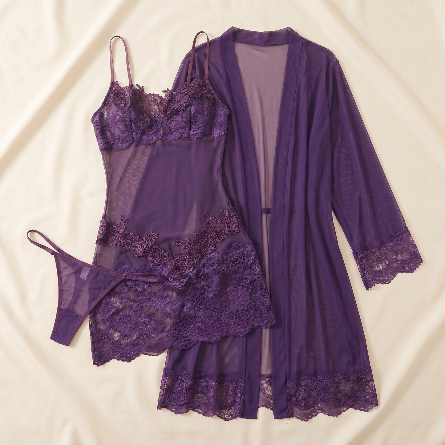 Enchantress™ – Sheer Floral Lace 3-Piece Lingerie Set with Mesh Robe
