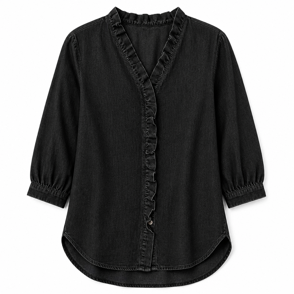 Brielle™ – Soft Chambray Ruffle V-Neck Shirt with High-Low Hem