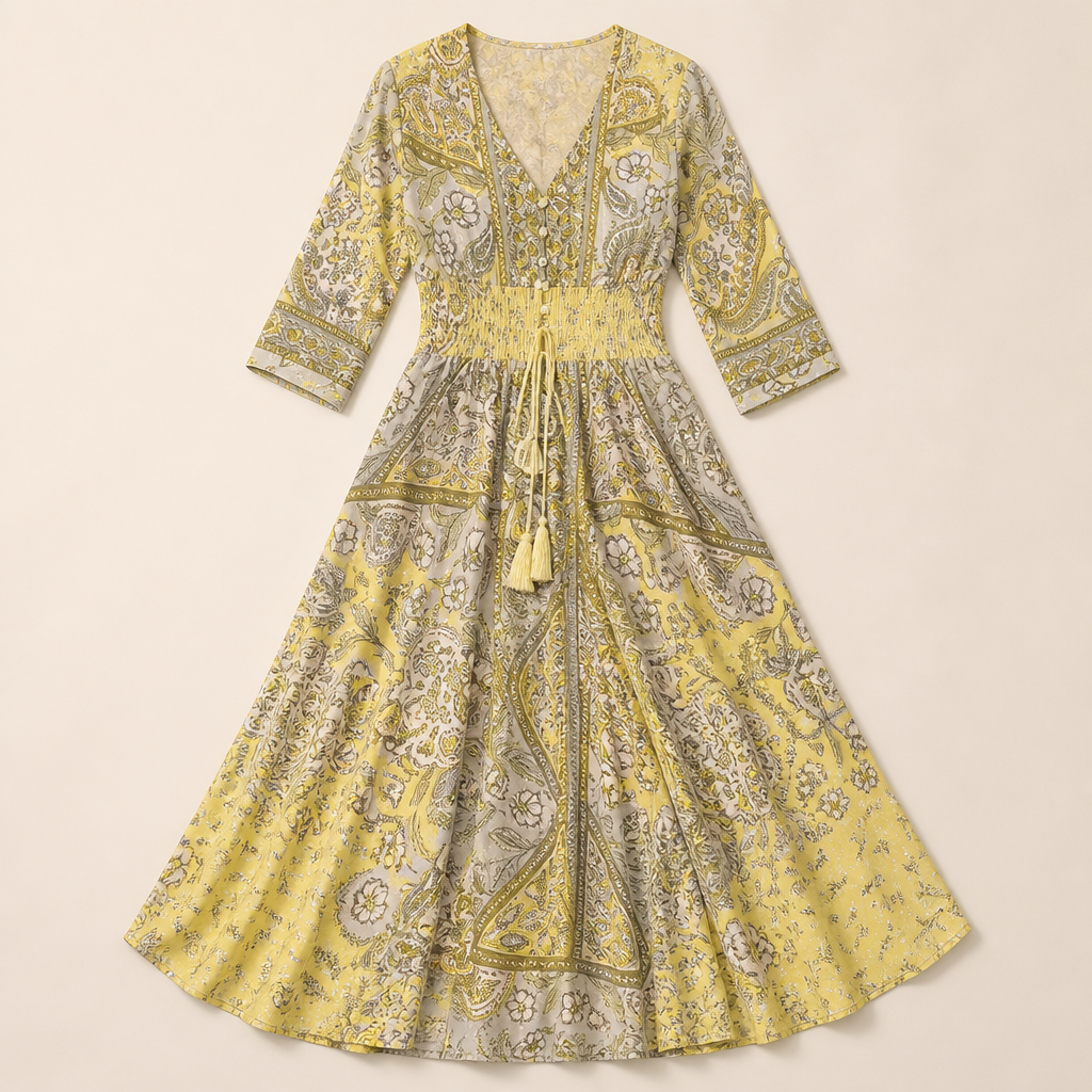 Mirella™ – Bohemian Paisley V-Neck Maxi Dress with Smocked Waist
