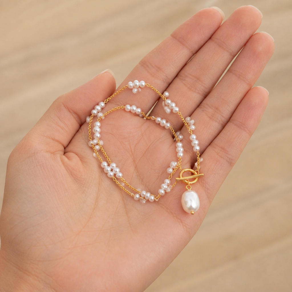 LuminaLuxe™ – Modern Pearl Toggle Necklace with Baroque Drop