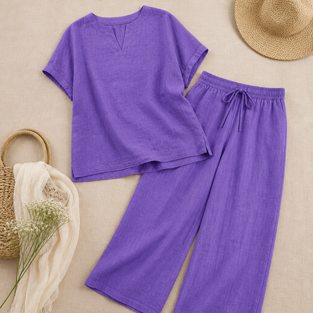 LumoraEase™ – Relaxed Cotton-Linen V-Neck Two-Piece Set