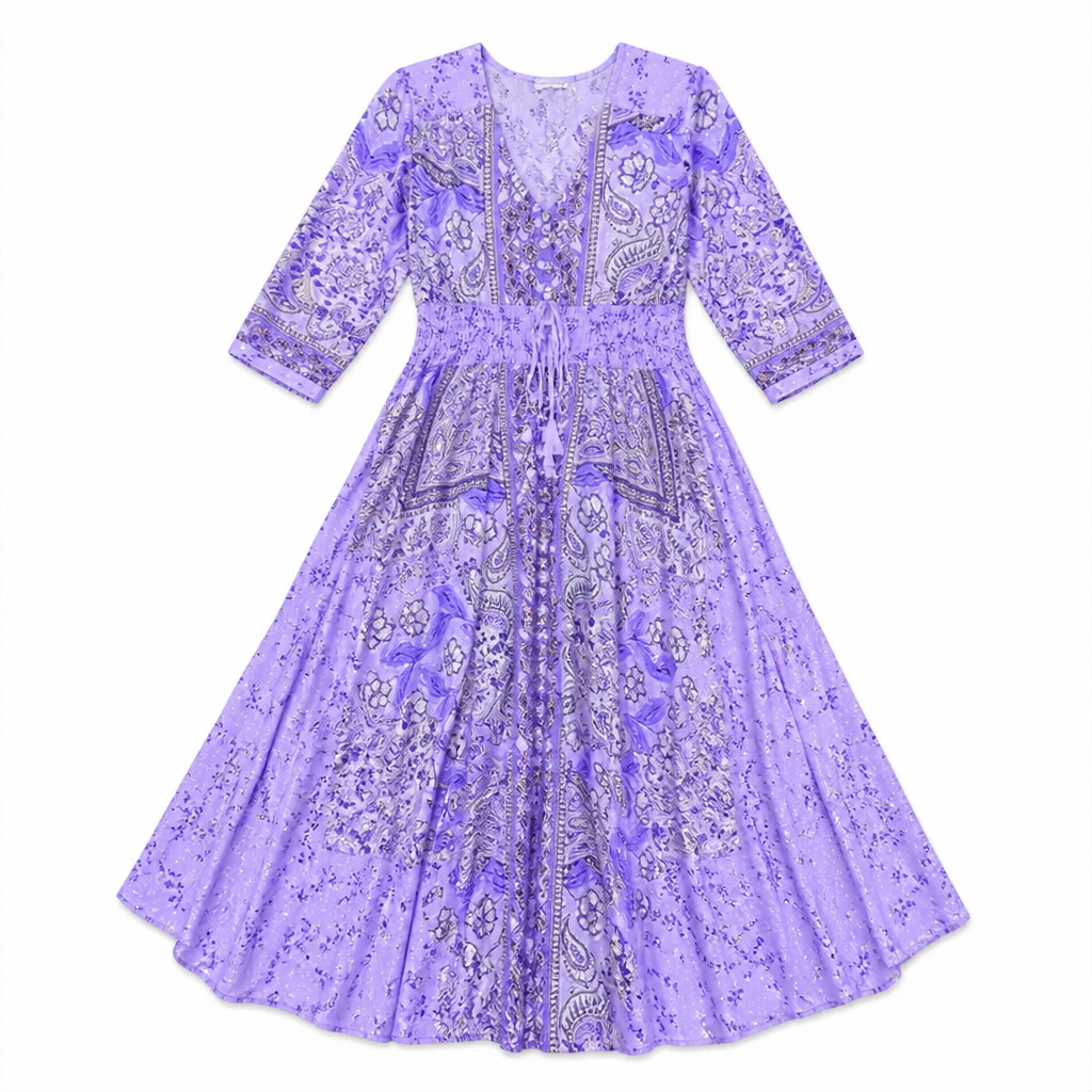 LumeraBelle™ – Flowy Bohemian Paisley Maxi Dress with Smocked Waist