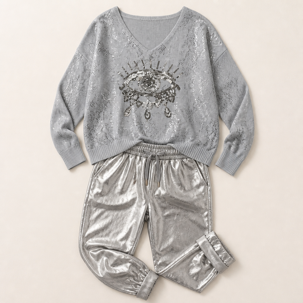 LumaPulse™ – Sequined Eye Top with Metallic Drawstring Pant Set
