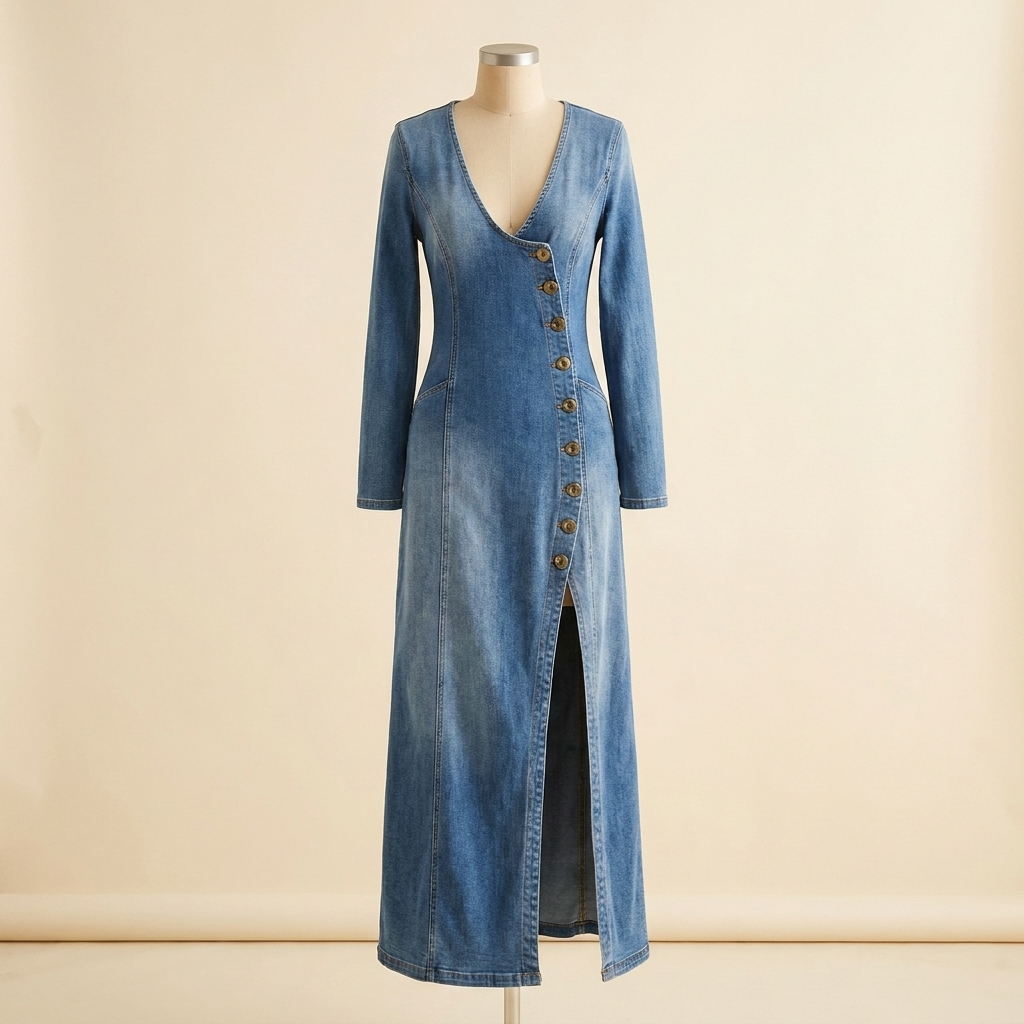 LuxeaSilk™ – Soft Denim V-Neck Maxi Dress with Buttoned Side Slit