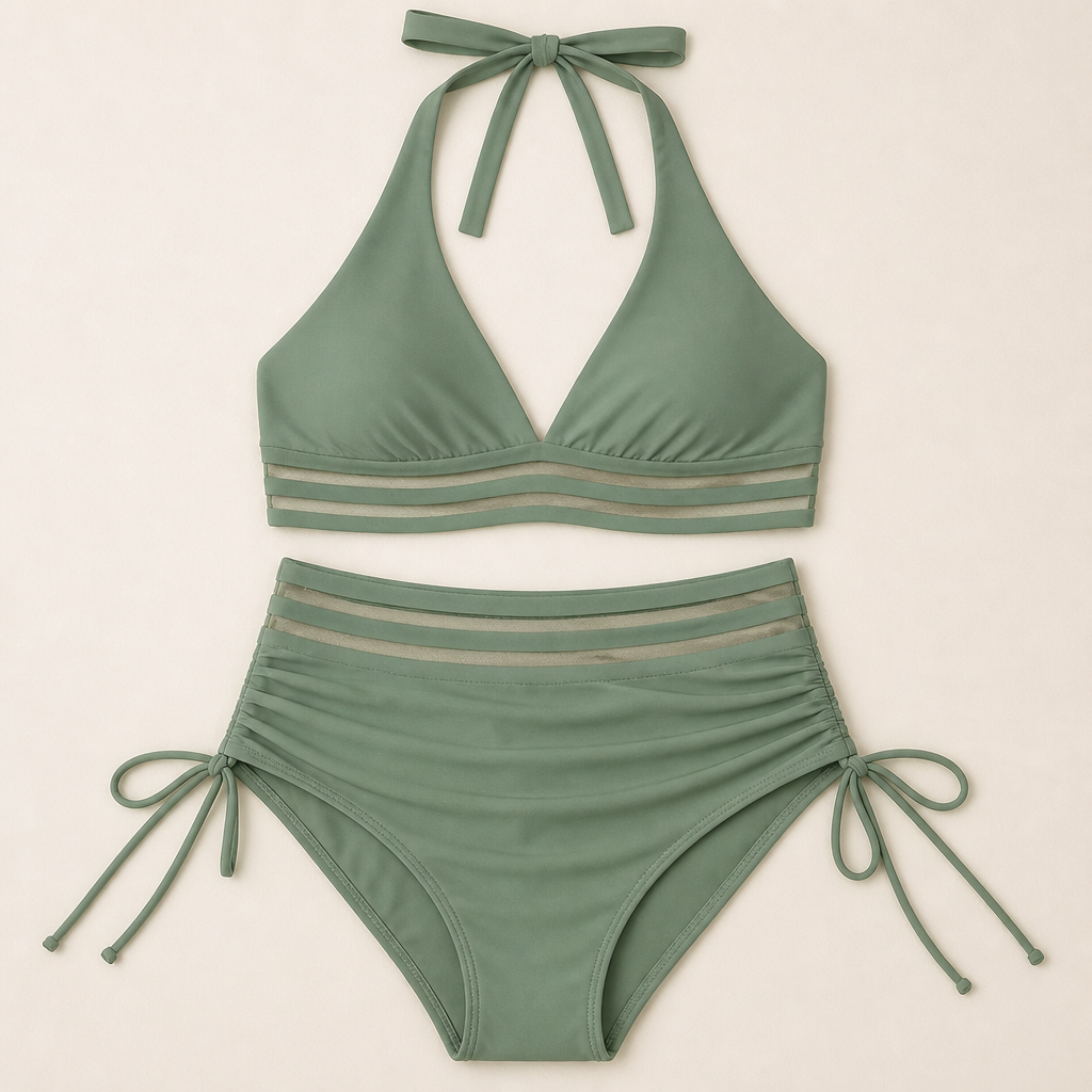 Fierza™ – High-Waist Sculpting Bikini Set with Mesh-Stripe Detail