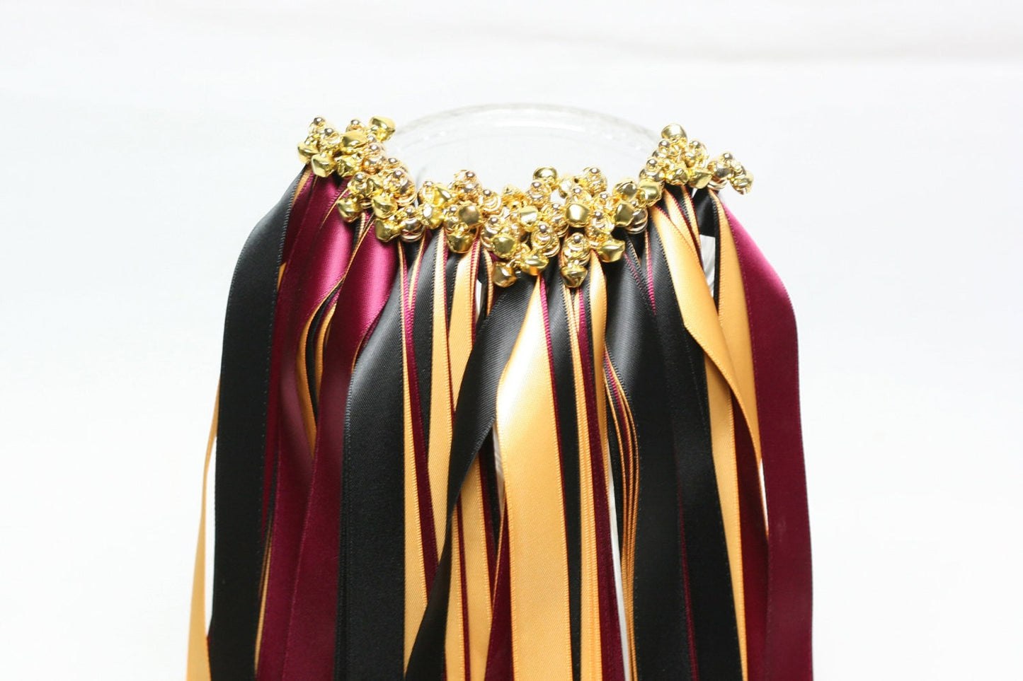 Burgundy Black and Gold Wedding Ribbon Wands with Gold Bells
