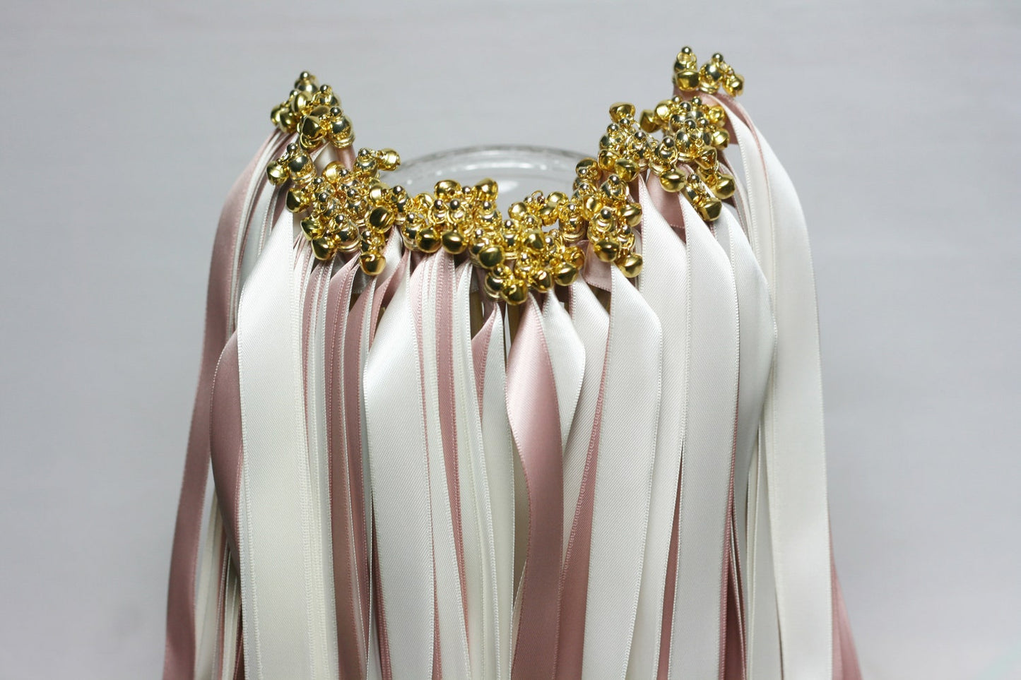 Luxury Blush Ivory Ribbon Wands with Gold Bells for Wedding