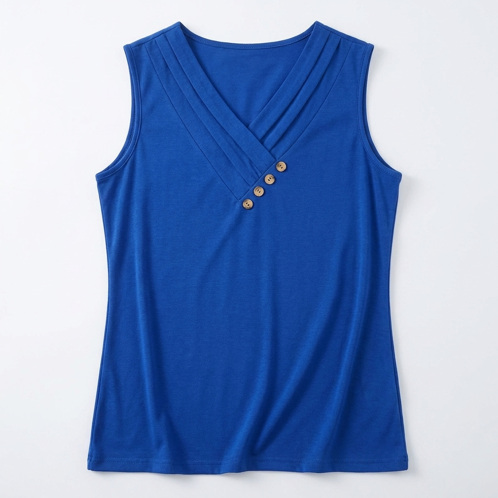 Liora™ – Pleated Wrap V-Neck Tank with Wooden Button Trim