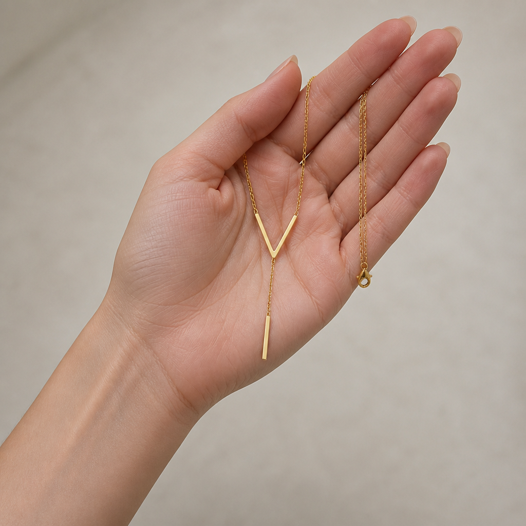 LumaRadiance™ – Minimalist Gold Lariat Necklace with V-Bar Pendant