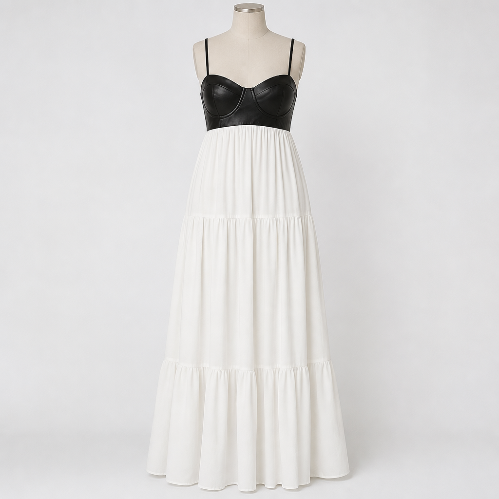 NoirFemme™ – Bold Faux-Leather Bustier Tiered Maxi Dress
