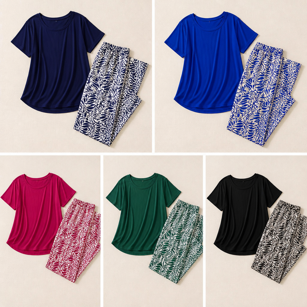 LumaraFlex™ – Relaxed Short-Sleeve Top & Printed Tapered Pant Set