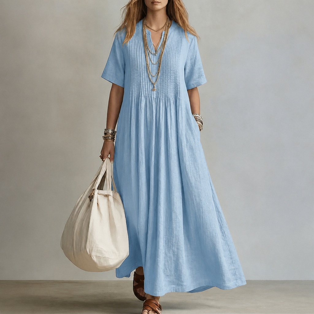 LioraBelle™ – Relaxed Pintuck Linen Maxi Dress with Pockets