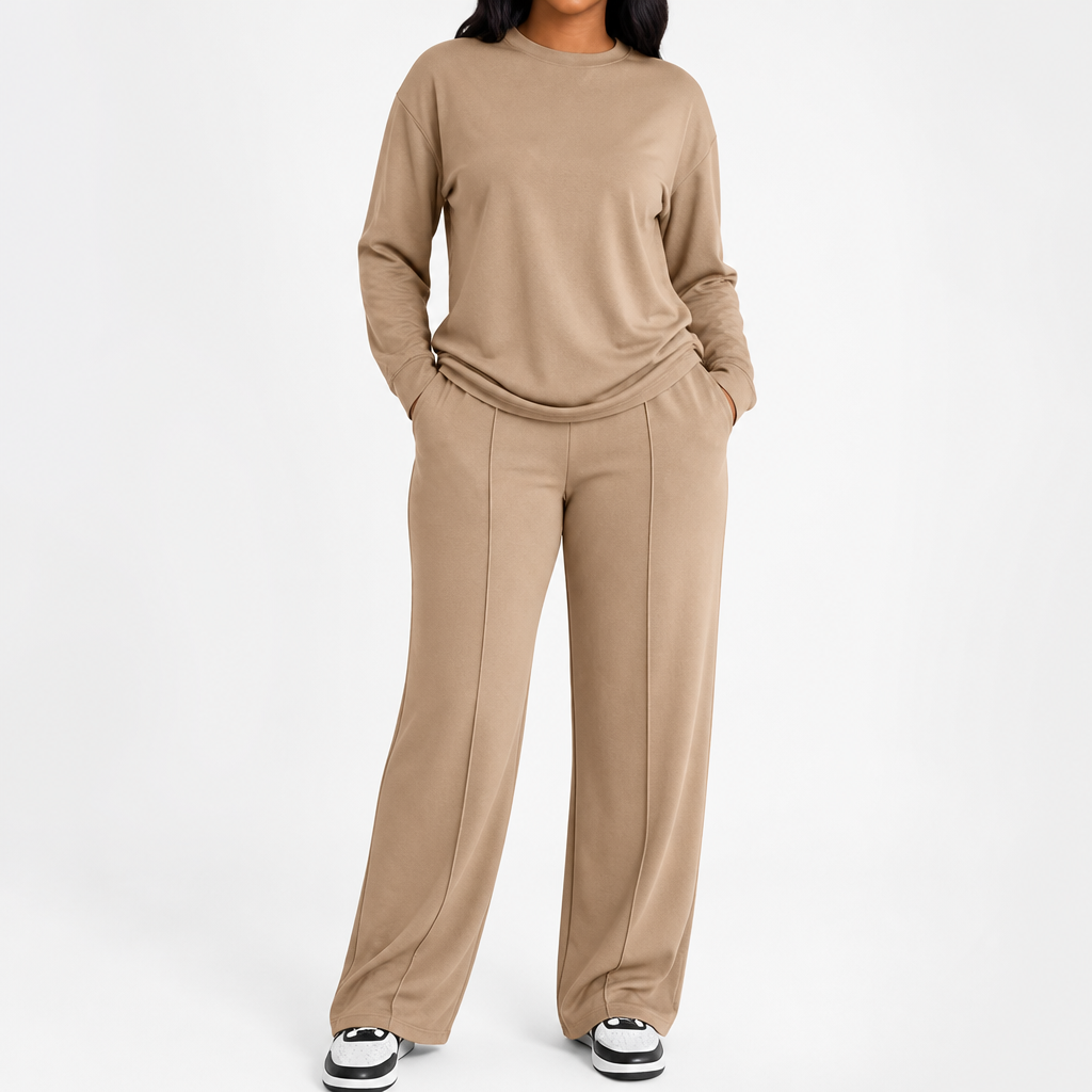ElysianEase™ – Relaxed Long Sleeve Top & Wide-Leg Pants Set