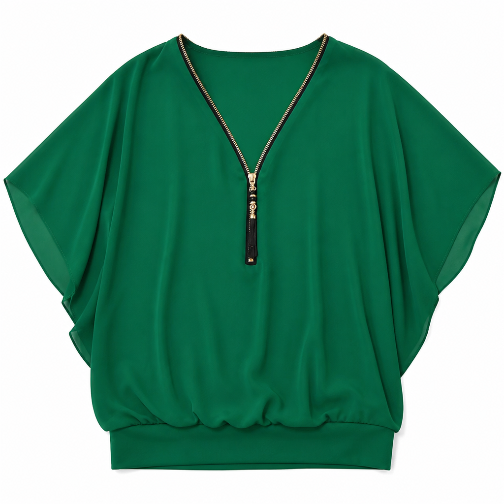 LuminaFlex™ – Flowy Chiffon V-Neck Blouse with Zip Detail