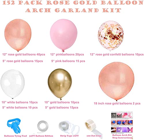 152pcs Rose Gold Balloon Arch with Confetti Latex Balloons for Baby Shower Wedding